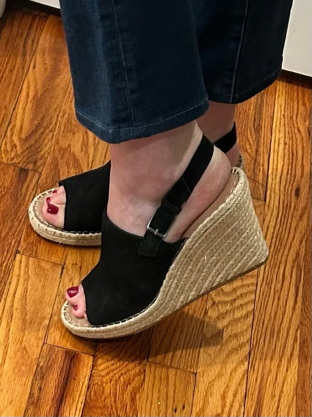 TOMS Monica Black Suede Leather Wedge Espadrille Sandals